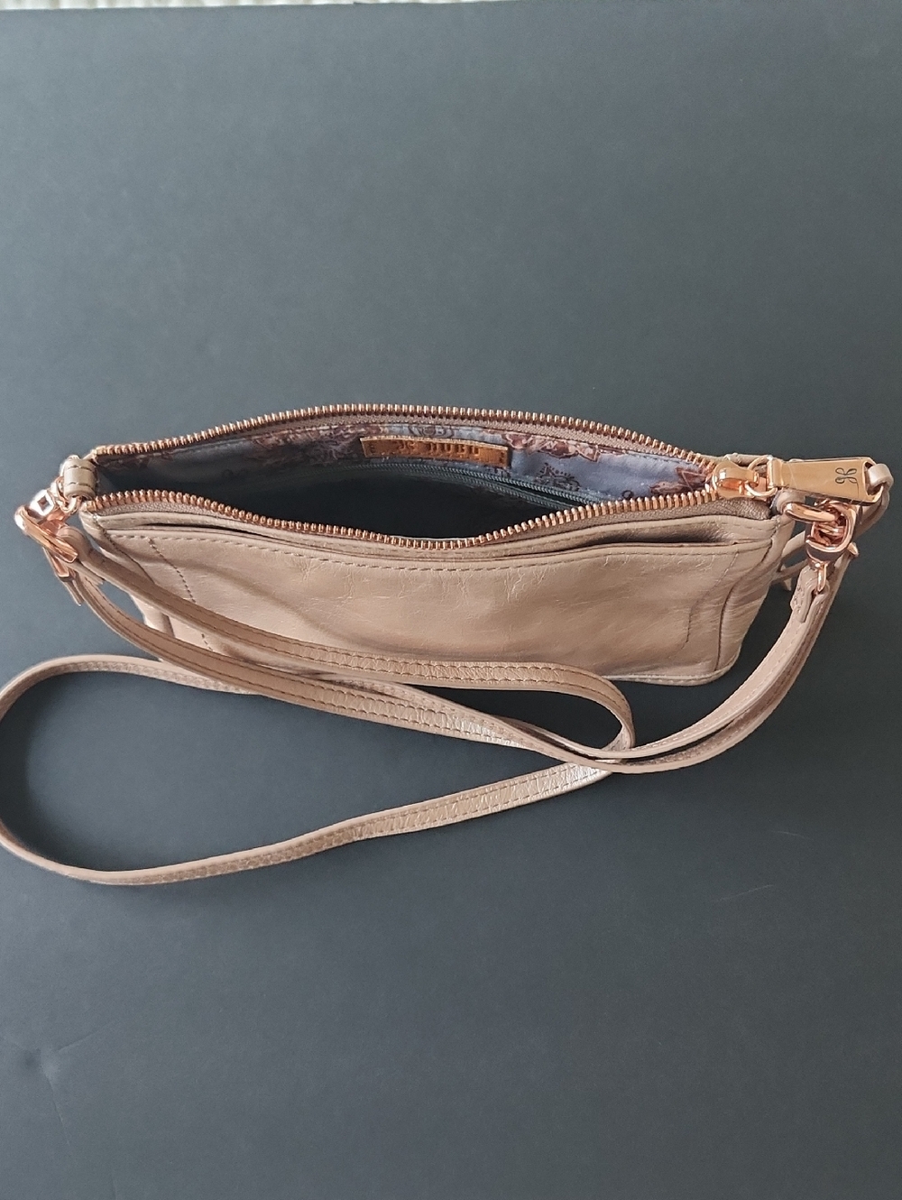 Leather Crossbody Wristlet in Champagne Bronze